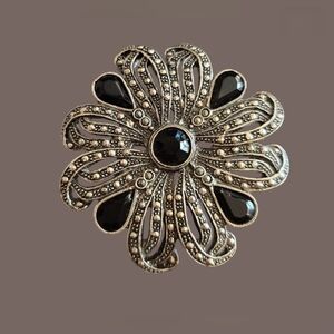 1928 Inspired Silver Tone Marcasite and Black Acrylic Brooch